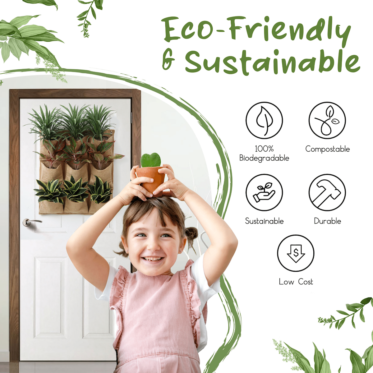 Jute Gardens 3-Pocket Horizontal Vertical Living Wall Planter – Indoor/Outdoor Eco-Friendly Hanging Garden